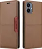 A brown leather flip wallet phone case is shown from two angles against a white background. Produktbild-Vorschau