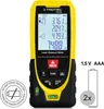 A yellow and black laser distance meter is shown against a white background, with additional graphics indicating battery requirements and a "no batteries included" symbol. Produktbild-Vorschau