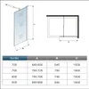 A technical drawing of a shower screen with a table of dimensions. Produktbild-Vorschau