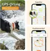 A dog wearing a GPS tracker collar is shown near water, with app screenshots displaying its location and tracking history. Produktbild-Vorschau