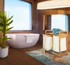 A modern bathroom with a freestanding bathtub, a large window, and a wooden laundry sorter with two bags. Anteprima dell’immagine prodotto