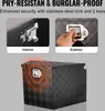 A collage of images showing the features of a black aluminum alloy trailer tongue box, including interior and exterior lock mechanisms, and a full view of the box with a highlighted lock. Podgląd zdjęcia produktu