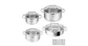 A set of four stainless steel pots with glass lids, arranged in a grid on a white background. Text describing the pots is located in the bottom right corner. Produktbild-Vorschau