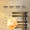 A marketing image showing a black electric towel warmer with several temperature settings and a golden shield with a checkmark, indicating hygiene and protection. Náhľad obrázku produktu