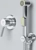 A chrome-finished bidet faucet set with a single-lever mixer and a hand shower, mounted on a light gray wall. Produktbild-Vorschau