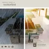 A split image showing a rattan seating group in rain on the left and in sunlight by a pool on the right, with feature callouts. Náhled obrázku produktu