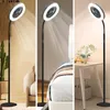A collage of three images showing a floor lamp with a fan and light in different settings: next to a cactus and armchair, next to a bed, and next to a side table with a plant and decorative items. Anteprima dell’immagine prodotto
