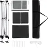 A flat lay of a disassembled pop-up canopy tent and its accessories, including the frame, fabric panels, carrying bag, stakes, and rope, arranged on a white background. Produktbild-Vorschau