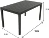 A dark gray rectangular outdoor table with dimensions indicated by measurement lines and text. Náhled obrázku produktu