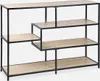 A product shot of an asymmetrical shelf unit with a metal frame and wood-look shelves against a light gray background. Produktbild-Vorschau