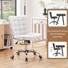 A white office chair is shown in a room with a desk and a shelf. There are two inset images on the right side of the main image, illustrating the chair's space-saving design. Produktbild-Vorschau