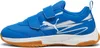 A side view of a blue Puma sneaker with white accents and a brown sole. Produktbild-Vorschau