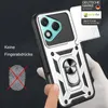 A hand is holding a phone case with a ring holder and a slide camera cover. The background is dark. Produktbild-Vorschau