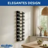 A modern kitchen or dining area with a wall-mounted wine rack holding several bottles of wine, a countertop with a bowl of green apples, and a window with curtains. Produktbild-Vorschau