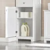 A white bathroom cabinet with its door open, revealing shelves stocked with toilet paper and cleaning supplies. Produktbild-Vorschau