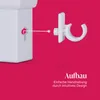 Close-up of a white hook being inserted into a white fixture, with German text overlay. Produktbild-Vorschau
