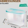 A transparent food storage container with a turquoise lid, showing dimensions and capacity. Anteprima dell’immagine prodotto