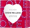 A close-up of the Escada Show Me Love Eau De Parfum box, featuring a heart-shaped design and polka dots. Produktbild-Vorschau