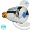 A close-up studio shot of a chrome faucet part with a blue button, against a white background with subtle grey circular graphics. Produktbild-Vorschau