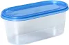 A clear, studio shot of an oval plastic food storage container with a blue lid, isolated on a white background. Produktbild-Vorschau