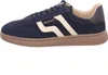 A side view of a blue sneaker with white stripes and a brown sole. Anteprima dell’immagine prodotto