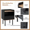 Collage of images showing details of a black and wood-tone nightstand. Náhled obrázku produktu