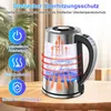 A glass electric kettle with blue LED lighting and red heat wave graphics, placed on a wooden table with a blurred background of a plant and a chair. Produktbild-Vorschau