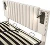 Close-up view of a modern bed frame with a padded headboard and integrated reading lights. Náhled obrázku produktu