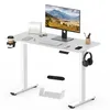 A white electric standing desk with a monitor, keyboard, mouse, and accessories. Podgląd zdjęcia produktu