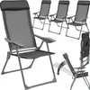 A collage of images showing multiple garden chairs, including one in the foreground and others in the background, as well as a folded chair and an illustration of how the chair reclines. Produktbild-Vorschau