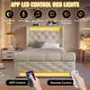 A bedroom scene featuring a beige upholstered bed with LED lighting, showcasing app and remote control features. Náhled obrázku produktu