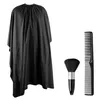 A black hairdressing cape, a black comb, and a black powder brush are displayed against a white background. Produktbild-Vorschau