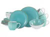 A collection of turquoise and white ceramic dishes and cups with gold trim, arranged on a white background. Produktbild-Vorschau