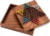 A wooden Chinese checkers board game with colorful marbles, shown with its lid open. Produktbild-Vorschau