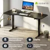 A black adjustable standing desk in a modern office setting, with a computer, keyboard, mouse, and headphones on it. The floor is wood-look laminate. There are icons and text describing features at the bottom. Náhled obrázku produktu