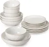 A set of white ceramic dishes with a subtle hexagonal pattern, arranged in stacks and a single set on a white background. Náhled obrázku produktu