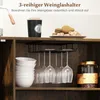 A sideboard cabinet with wine glasses hanging from a rack and bowls stacked inside. Náhľad obrázku produktu