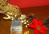 A close-up of a battery-operated LED string light set with pinecones and a red poinsettia flower on a wooden surface, with a gold decorative item in the background. Produktbild-Vorschau