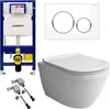 A collection of bathroom fixtures including a wall-hung toilet, a concealed cistern, a flush plate, and mounting hardware, arranged on a white background. Produktbild-Vorschau