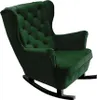 A green rocking chair with a tufted backrest and armrests, shown from a three-quarter angle against a white background.