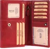 An open red leather wallet displaying multiple card slots and an RFID protective window. Produktbild-Vorschau