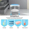 A shower stool with a blue seat and a lower shelf, shown in a bathroom setting. Below the stool, there are four panels illustrating shower gel, towels, soap, and a toothbrush cup, with German text labels. Produktbild-Vorschau