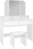 A white vanity table with a tri-fold mirror and a matching stool, set against a white background. Produktbild-Vorschau