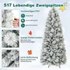 A collage of images showcasing a flocked artificial Christmas tree and its features, with text descriptions and icons. Podgląd zdjęcia produktu
