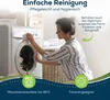 A woman is interacting with a washing machine, with laundry baskets and folded towels in the background. The image is overlaid with text and icons related to product care. Podgląd zdjęcia produktu