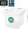 A transparent storage box with dimensions and capacity indicated. Voir les images du produit