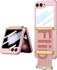 A pink flip phone case with gold accents is shown from two angles against a white background.
