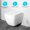 A white wall-mounted toilet with three blue circular icons and text above it, highlighting product features. Produktbild-Vorschau