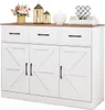 A white buffet cabinet with a brown top and black handles, decorated with various items on top. Podgląd zdjęcia produktu
