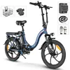 A blue electric folding bicycle with various accessories displayed around it. Produktbild-Vorschau